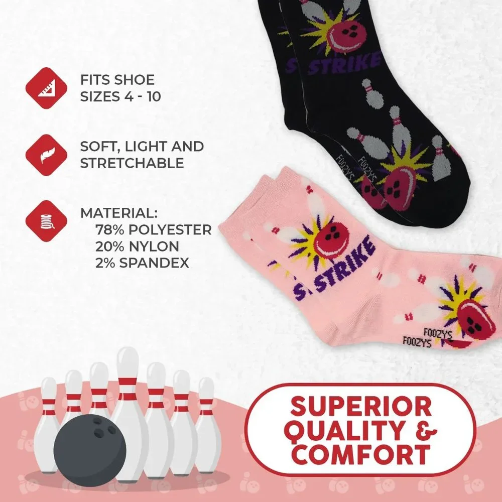 Bowling Strike Lanes Balls Pins Bowl Spare Game Sport 2 Pair Foozys Womens Socks